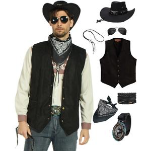 7pcs Cowboy Costume Outfit for Men Western Cowboy Clothes Vest Accessories for Cowboy Party (Large, Black)