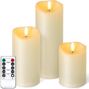 Outdoor Flameless Candles with Remote Timer - Waterproof Realistic Flickering LED Pillar Electric Battery Operated Fake Candle for Home Patio Wedding Fireplace Decor - Ivory 3 Pack (D3H468)