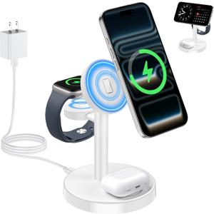 2025 3 in 1 Wireless Charging Station Compatible with MagSafe, 15W Fast Magnetic Mag-Safe Charger Stand for Apple iPhone 17 16 15 14 13 12 Series iWatch AirPods Pro 4 3 2, White