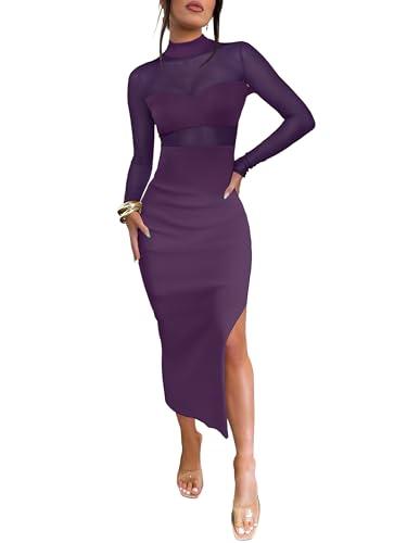 Caracilia Womens Mesh Dress Long Sleeve Mock Neck Bodycon Sheer Going Out Cocktail Night Club Midi Dresses 3 Piece Outfits Purple Small