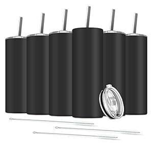 Deitybless 6 Pack Stainless Steel Skinny Tumbler, 20 OZ Double-Insulated Water Tumbler Cup with 6 Straw and 3 Brush, Vacuum Travel Mug Gift for Hot Cold Drinks with Cleaning(Black)