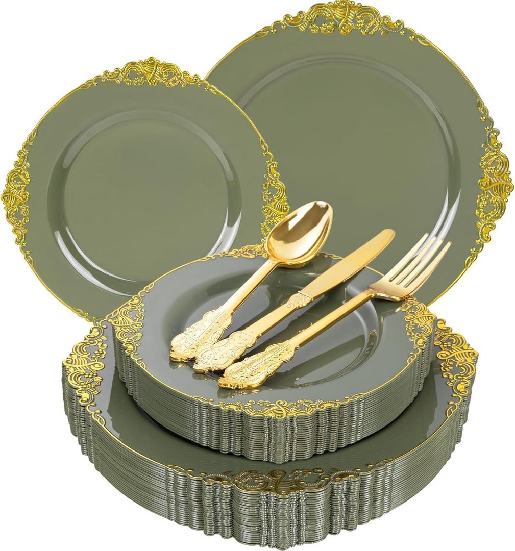 125PCS Olive Green Plastic Plates - Green and Gold Disposable Plates - Vintage Plate with Gold Plastic Silverware Sets for 25 Guests for Wedding & Party & Spring Party