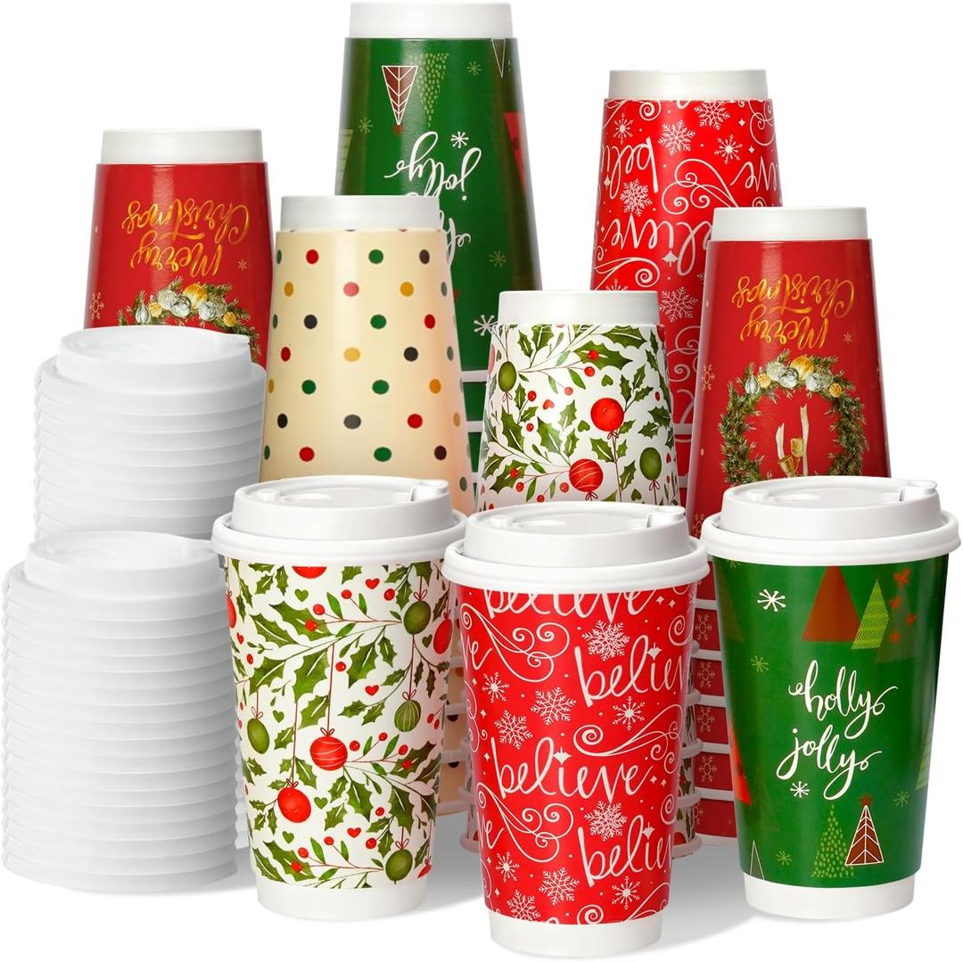 Nihuecne 50 Pack 16 oz Christmas Disposable Coffee Cups with Snap-on Lids - for Hot or Cold Drinks, Paper Coffee Cups for Xmas Holiday Table Decorations Party Supplies, 5 Assorted Christmas Styles