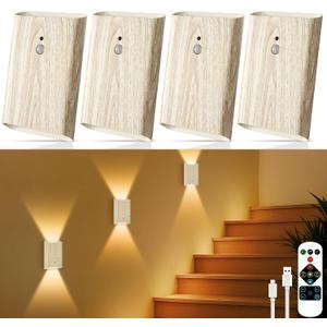 4 Pack Rechargeable Wall Sconce: Battery Operated Motion Sensor Wall Light with Remote, Magnetic Motion Sensor Stair Light Indoor, 3CCT Dimmable Wireless Wall Lamp for Bedroom Hallway Closet, Beech