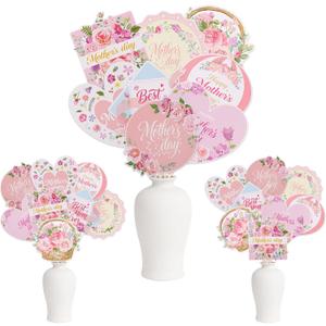 48 Pcs Happy Mother's Day Party Table Decorations Centerpiece Sticks, Best Mom Table Decorations Pink Flowers Table Toppers for Best Mom Love You Mother's Day Party Decoration Supplies