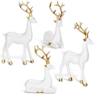 Thyle 4 Pcs Christmas Reindeer Decor Small Resin Standing Sitting Deer Figurine Mini Reindeer Christmas Table Decoration for Home Indoor Xmas Holiday Small Statue Rustic Table Decor(White, Gold)