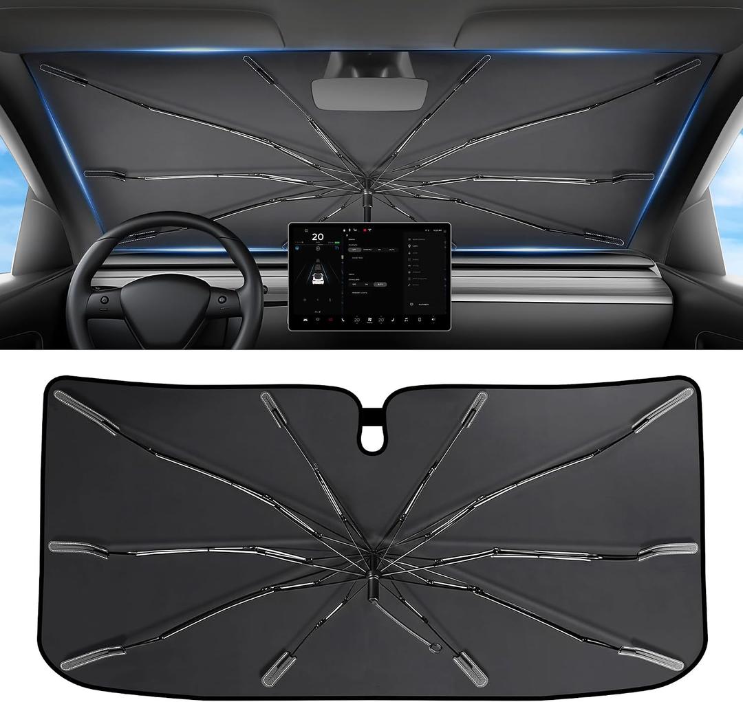 2026 Upgraded Windshield Sun Shade Umbrella [7-Layer Vinyl Coating Heat Shield] Foldable Front Window Sunshade Umbrella Flexible Handle Protect Interior from UV Keep Car Cooler (57" x 31")