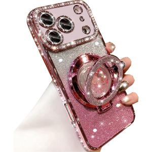 Glitter Kickstand Case for iPhone 17 Pro Max,Cute Bling Sparkly Diamond Rhinestones with Camera Lens Protector Liquid Flowing Ring Stand TPU Bumper Women Girls Case for iPhone 17 Pro Max,Pink