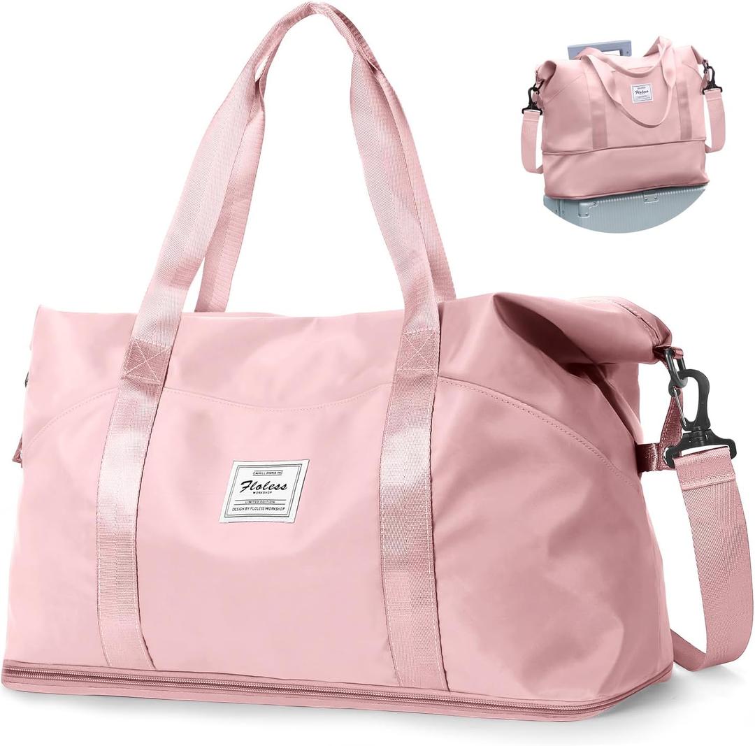 Travel Duffel Bag,Sports Tote Gym For Spirit Airlines Personal Item Bag 18x14x8 Foldable,Carry on Shoulder Expandable Weekender Overnight for Women,Pink