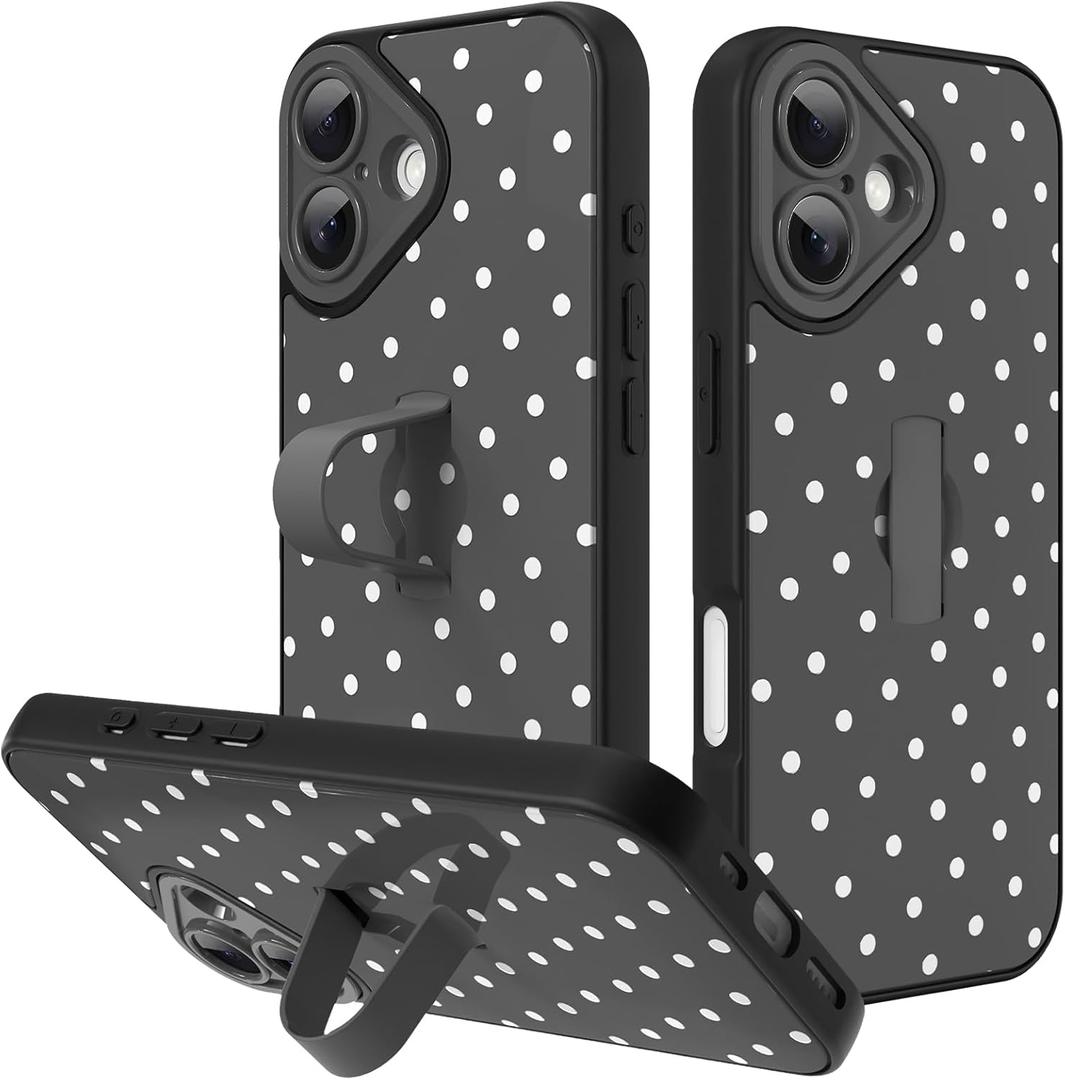 KANGHAR Compatible with iPhone 16 Case Black Dot Pattern Cute Wristband Stand Phone Cover for Women Girls Men Shockproof Slim Protective Cover Phone 16 6.1 Inch