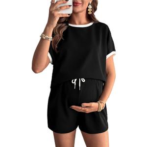 BLENCOT Women's Maternity Lounge Set Short Sleeve Top and Shorts Pajamas with Pockets Large