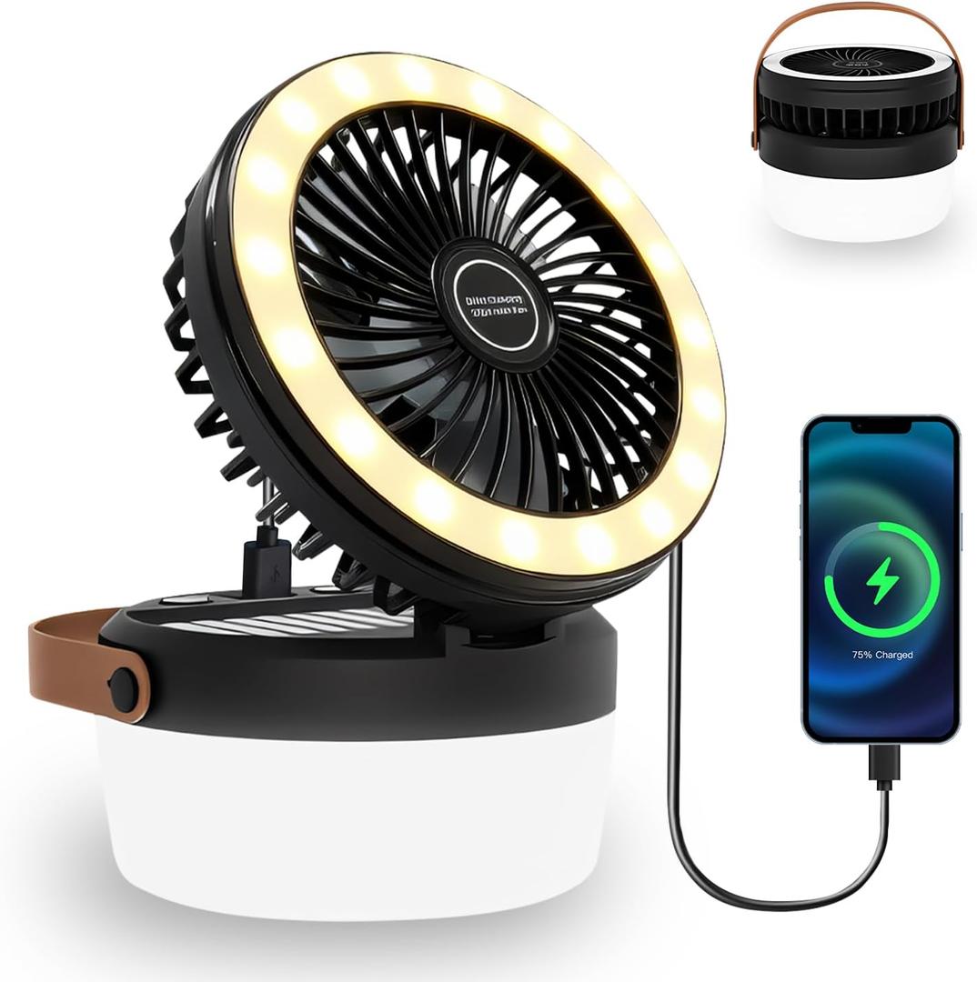 Solar Camping Fan Rechargeable Camping Light, Folding Solar Powered Fan for Outdoors, Portable outdoor Lights with USB Output for Camping Tent, Mountain, Emergency (Black)