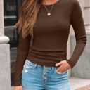 AUTOMET Women's Ribbed Long Sleeve Basic Top - Soft Stretch Crewneck Shirt for Work & Casual (Brown, M)