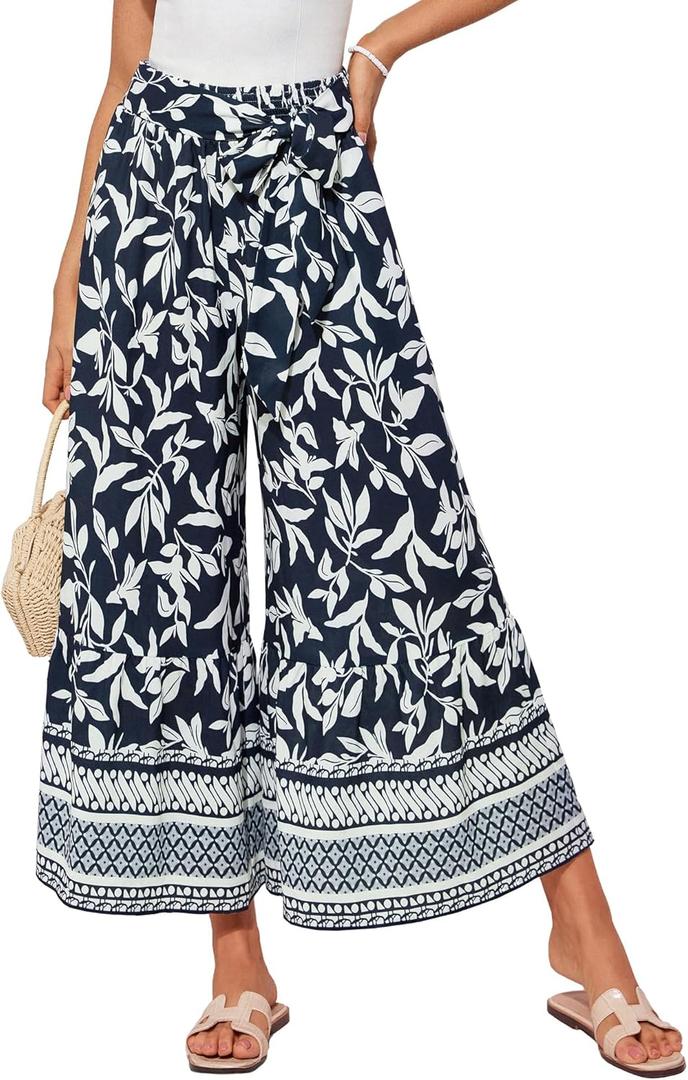 GRACE KARIN Women's 2025 Summer Wide Leg Palazzo Pants Elastic High Waisted Boho Casual Flowy Beach Pants with Pockets (X-Large, Navy Floral)