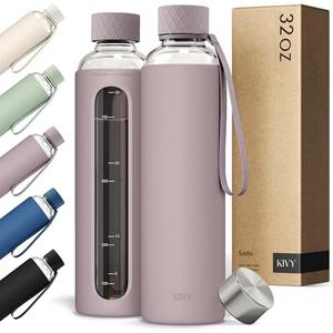 KIVY Glass Water Bottle with Silicone Sleeve 32 oz [WITH MEASUREMENT] - Borosilicate Glass Water Bottle Screw Top - Clear Bottles with Measurement Marking - Slim Waterbottle Aesthetic - Taupe