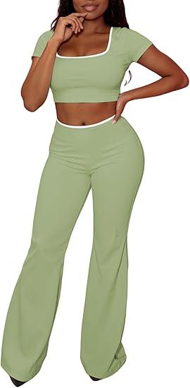 Ulovmi Womens Sets 2 Piece Outfits Short Sleeve Crop Square Neck Top Wide Leg Pants Summer Casual Lounge Set, Green Medium