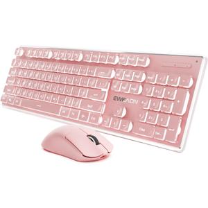 SEUNKWANG V3 Wireless Keyboard and Mouse with Single Backlit, Metal Panel, Bluetooth/2.4G Rechargeable Computer Keyboard and Mouse Combo Silent Lighted Full Size Cute Keyboards-Pink