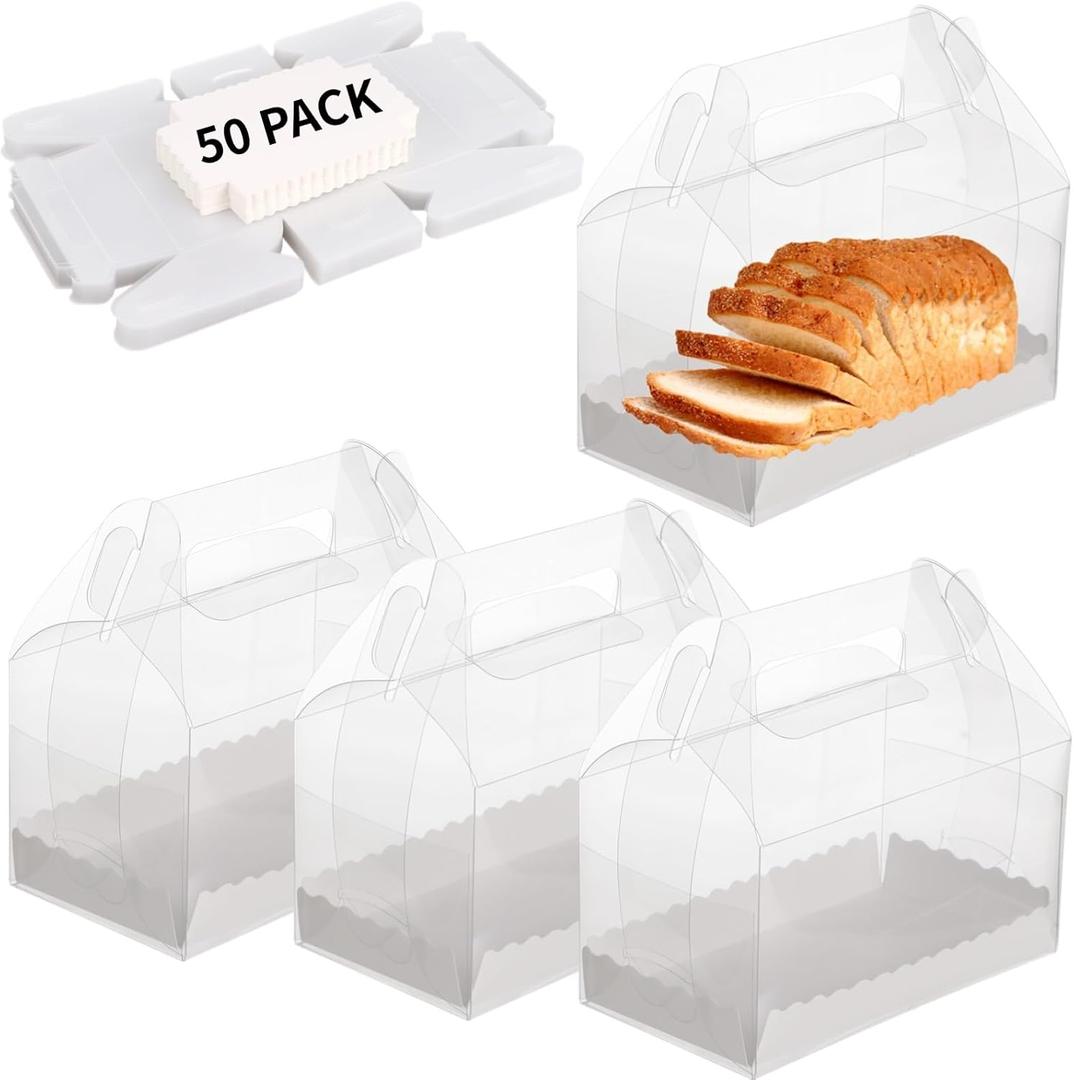 50 Pack Clear Gable Bakery Gift Boxes with Cardboard,Candy Treat Gift Box for Party Pastry Treat Dessert Cookies Birthday Holiday Christmas Valentine Birthday Baby Shower 6.5 x 3.5 x 3.7 Inch
