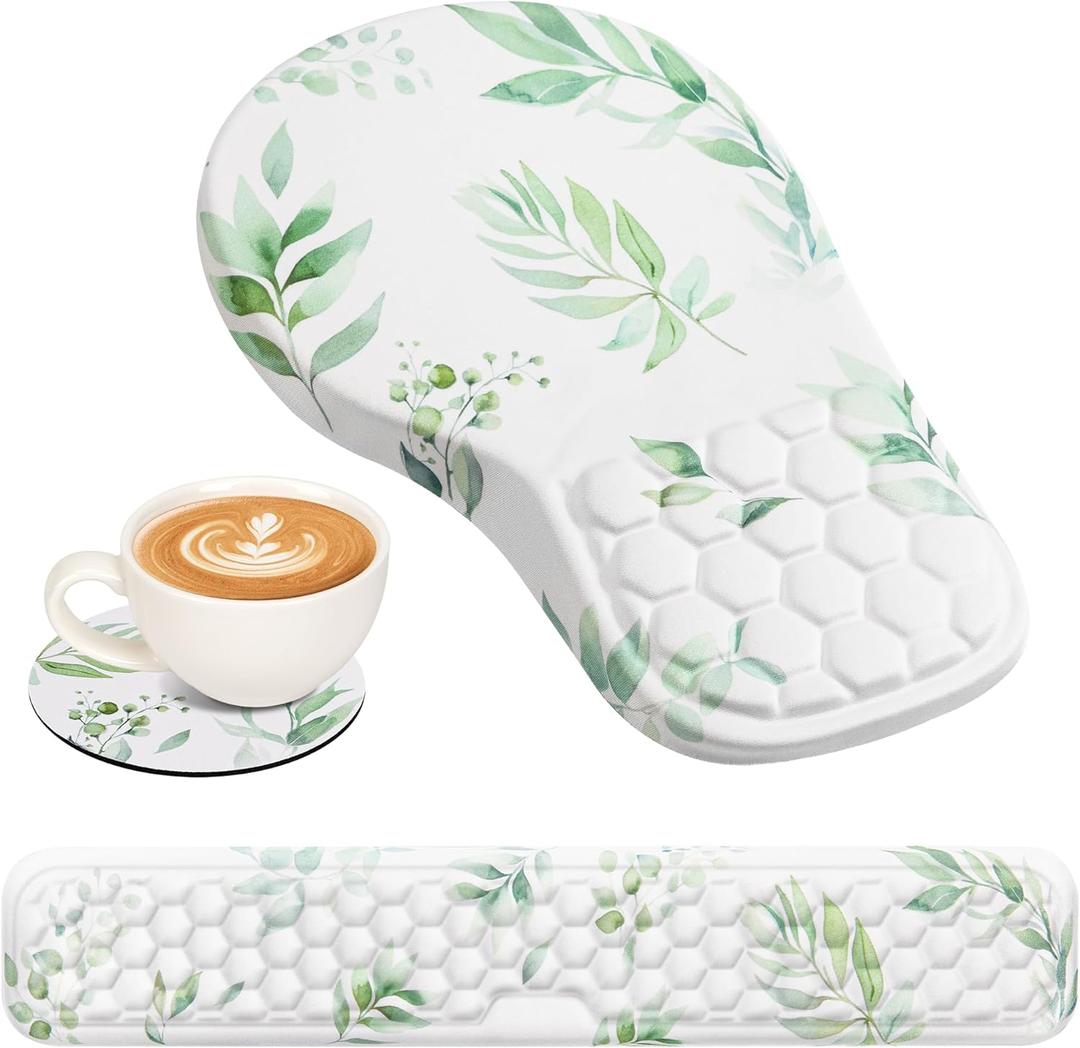 3 in 1 Ergonomic Mouse Pad and Keyboard Wrist Rest, Cute Mouse Pad with Wrist Support Massage Design, Non-Slip Wrist Pad for Mouse, Desk Mouse Set (Green Plant)