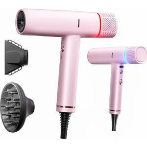 Ionic Hair Dryer with Diffuser and Concentrator, Professional Lightweight Quiet Blow Dryer, Powerful 1600 Watt Motor for Fast Drying and Straight & Wavy Hair, 3 Temps/2 Speeds, 6.56 Ft Cord, Pink