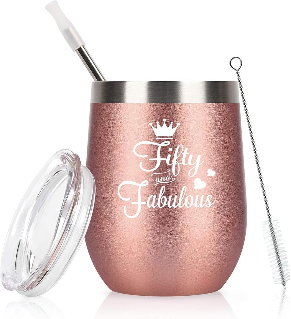 GINGPROUS 50th Birthday Gifts for Women Wife Mom Friends Coworkers, Fifty and Fabulous Wine Tumbler for 50th Birthday, 12 Oz Stainless Steel Insulated Wine Tumbler with Lid and Straw, Rose Gold