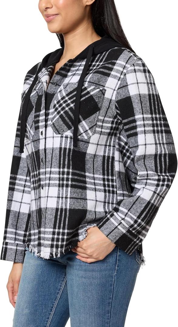 WallFlower Casual Fleece and Plaid Shackets Jackets Juniors for Women, Soft Button-Down (Medium, Black/White)