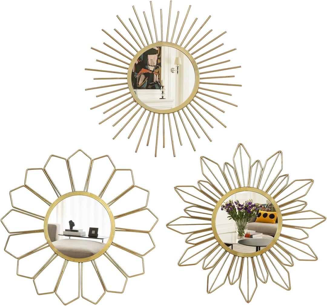 hogardeck Metal Mirrors Wall Decor - 3 Pcs 11" Metal Sunburst Flower Wall Mirrors Home Dcor, Decorative Hanging Wall Art for Living Room, Bedroom, Kitchen, Bathroom, Entryway
