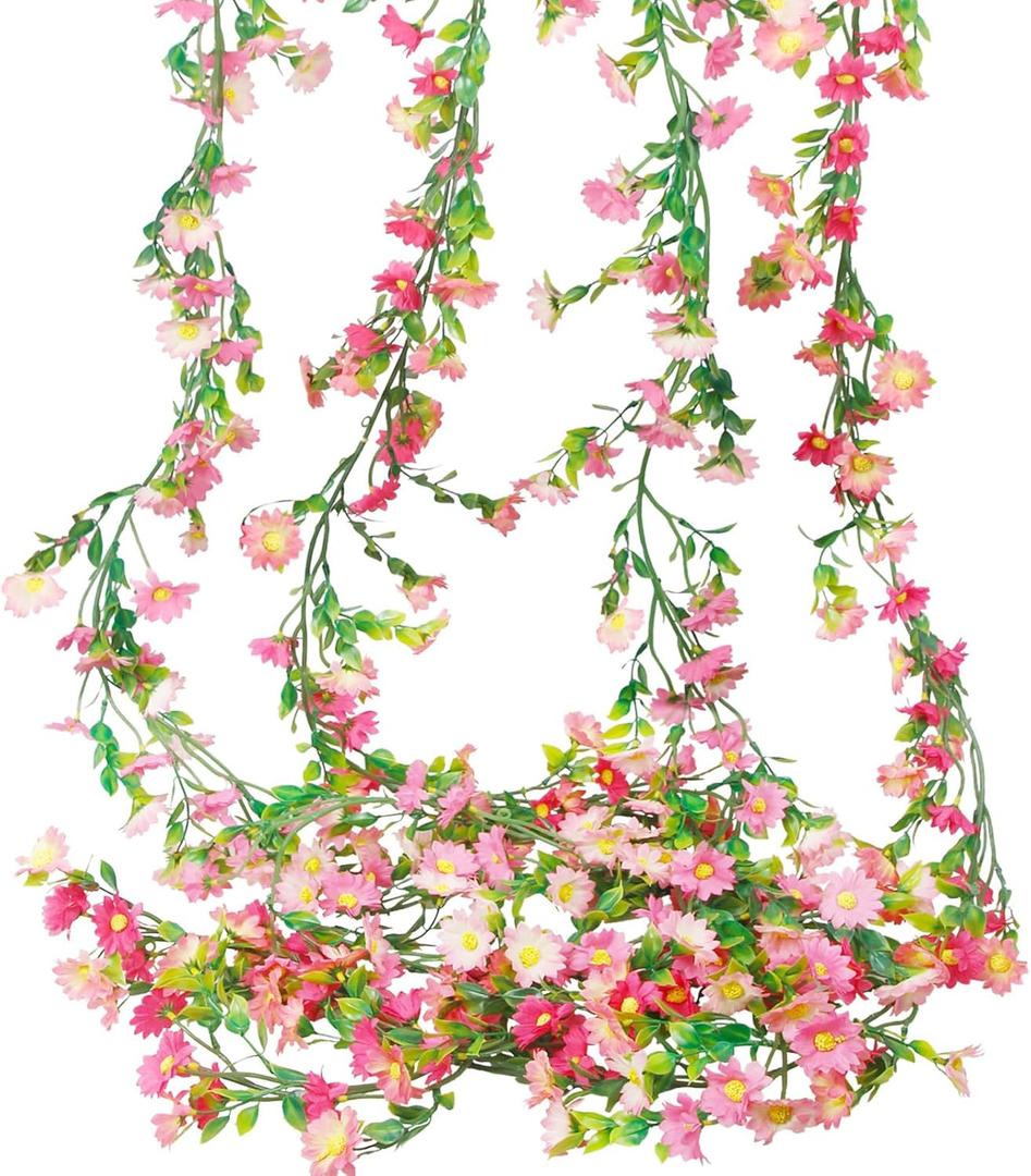 CISDUEO 4 Pcs Artificial Daisy Flowers Vine Silk Flower Garland Spring Fake Flower Vine Hanging Ivy with Pink Daisy Flowers Green Leaves for Wall Party Wedding Arch Floral Decor Home Indoor Outdoor