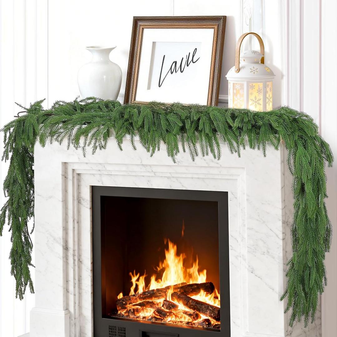 2 Pcs Artificial Norfolk Pine Garland,Christmas Garland,Christmas Decorations,Garland Real Touch Pine Outdoor for Fireplace,Table, Stairs,Window,Indoor Outdoor,Mantle,Home,Holiday Decor 6 Ft