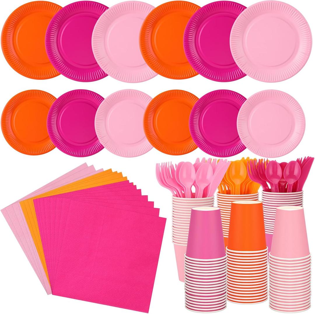Ziliny 420 Pcs Orange and Pink Paper Plates and Napkins 9 oz Paper Cups Forks Knives Spoons Disposable Tableware for Summer Tropical Theme Birthday Party Supplies, Serves 60