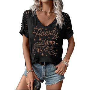 Howdy V-Neck Shirts Women Country Music Tshirt Western Graphic Tee Cowgirls Summer Cold Shoulder Country Concert Tops(Black3-XL)