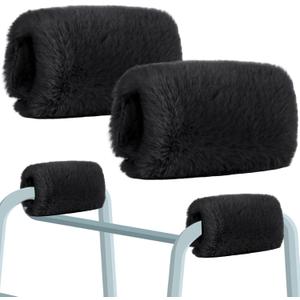 Threlaco 2 Pcs Walker Handle Cushions Fluffy Walker Hand Pads Universal Padded Rollator Hand Cover for Folding Rolling Wheelchair, Senior, Elderly Grippers, with 2 Extra Foam Pads(Black)