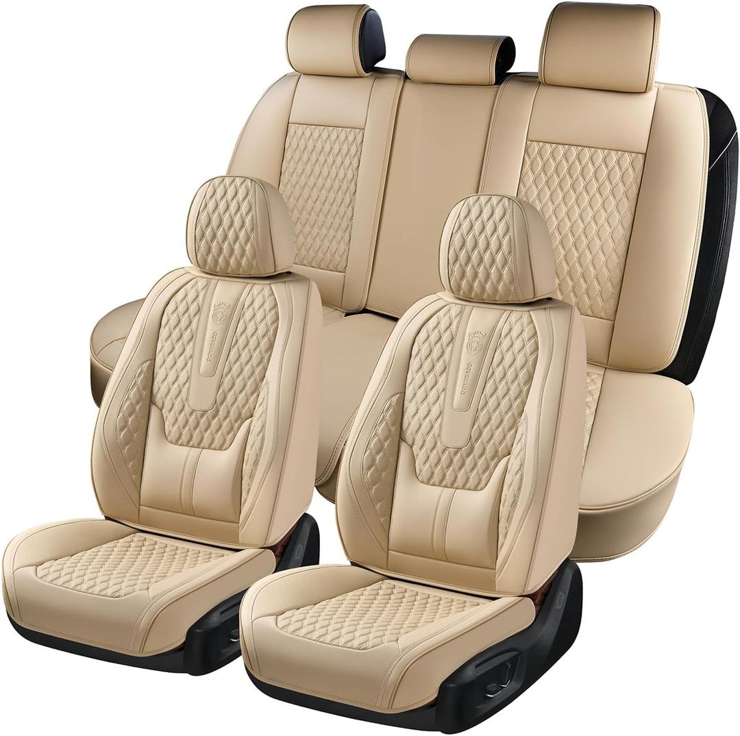 Coverado Car Seat Covers Full Set, Nappa Leather Seat Covers for Car, Waterproof Car Seat Protector with Lumbar Support, Automotive Seat Covers Universal Fit for Most Cars SUV Trucks (Beige)