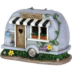 Exhart Garden Sculpture, Solar Camping Trailer with Welcome Sign Garden Statue, LED Lights, Outdoor Garden Decoration, 5 x 8.5 x 6 Inch