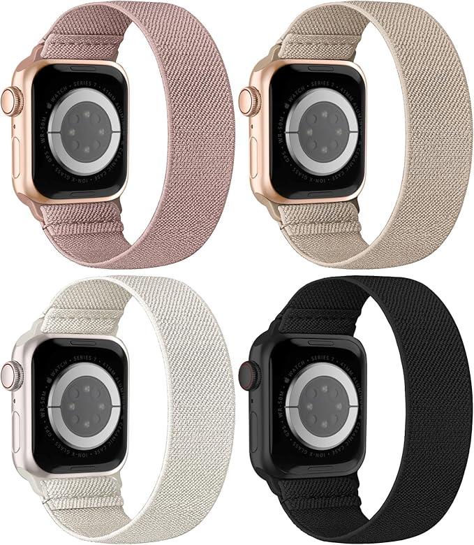 4 Pack Stretchy Nylon Solo Loop Bands Compatible with Apple Watch 49mm 46mm 45mm 44mm 42mm 41mm 40mm 38mm, Elastic Sport Strap for iWatch Ultra/2 Series 10 9 8 7 SE 6 5 4 3 2 1 women, 6"