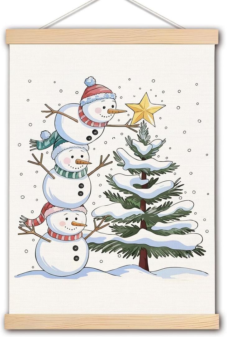 DNEULYR Winter Snowman Christmas Tree Wall Art Poster, Rustic Christmas Wall Decor, Holiday Winter Snowy Xmas Tree Snowman Poster Hanger Frame for Home Bedroom Living Room, 12x16 Inches (color9)