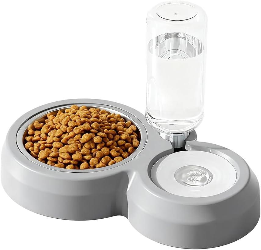 Double Dog Cat Bowls, Cat Food and Water Bowl Set with Auto-Water Dispenser and Stainless Steel Bowl Feeder for Small Size Dogs & Cats, Gift of Anti-Slip Mat, Chic Gray