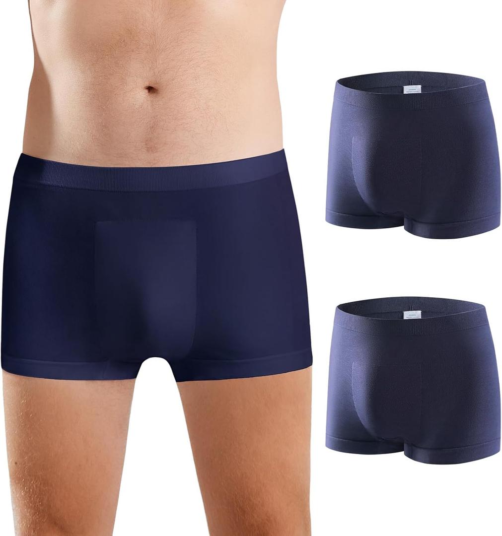 Incontinence Underwear for Men Washable Mens Incontinence Underwear Reusable Modal Seamless Mens Urinary Incontinence Boxer Briefs Underwear with Front Absorbent Area, 2 Pack (Blue, Medium)