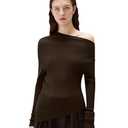 SUUKSESS Women Cashmere Off Shoulder Pullover Sweater Going Out Ribbed Knit Long Sleeve Shirts(Brown, L)