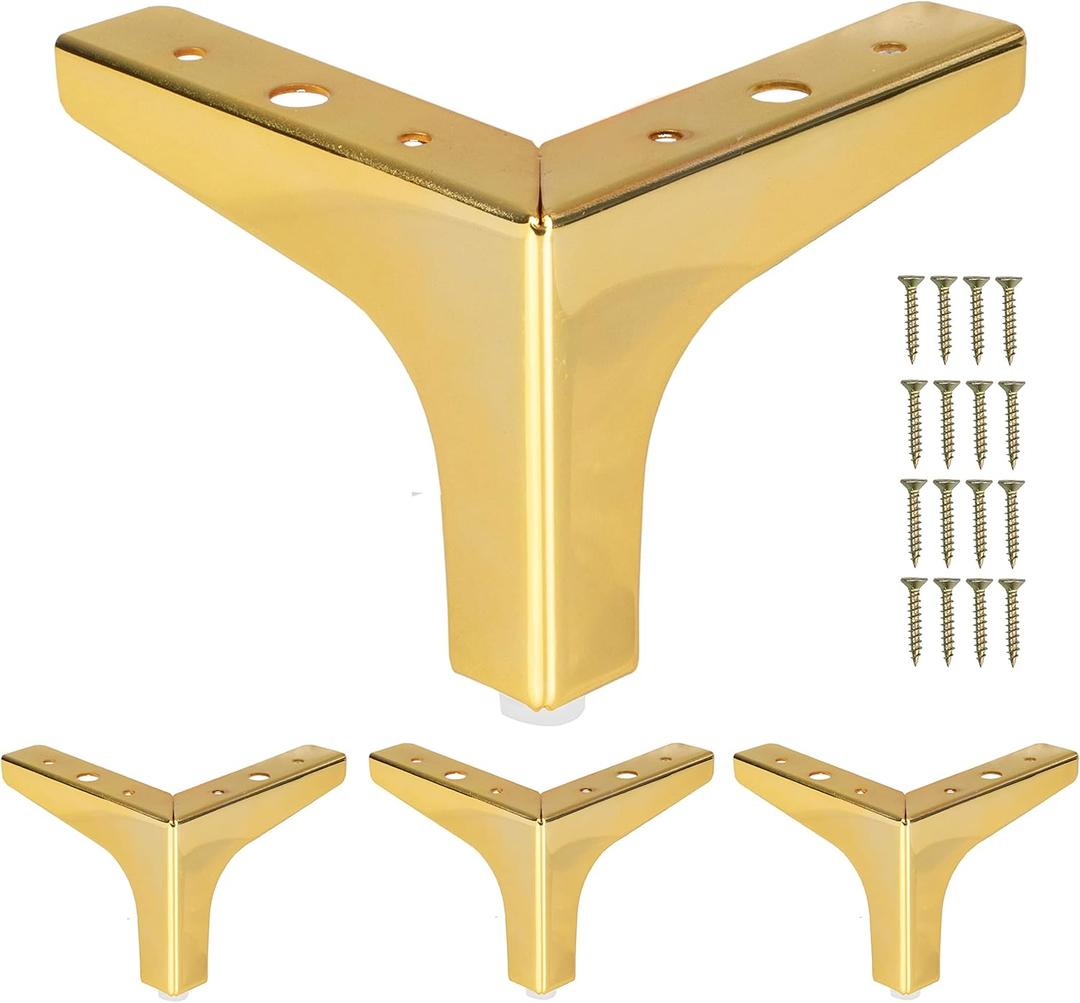 Ilyapa Triangular Metal Furniture Feet - Set of 4 Gold Mid Century Modern 4 Inch Heavy Duty Replacement Furniture Leg for Sofas, Chairs, Ottomans, Cabinet (4" Inches, Polished Gold)