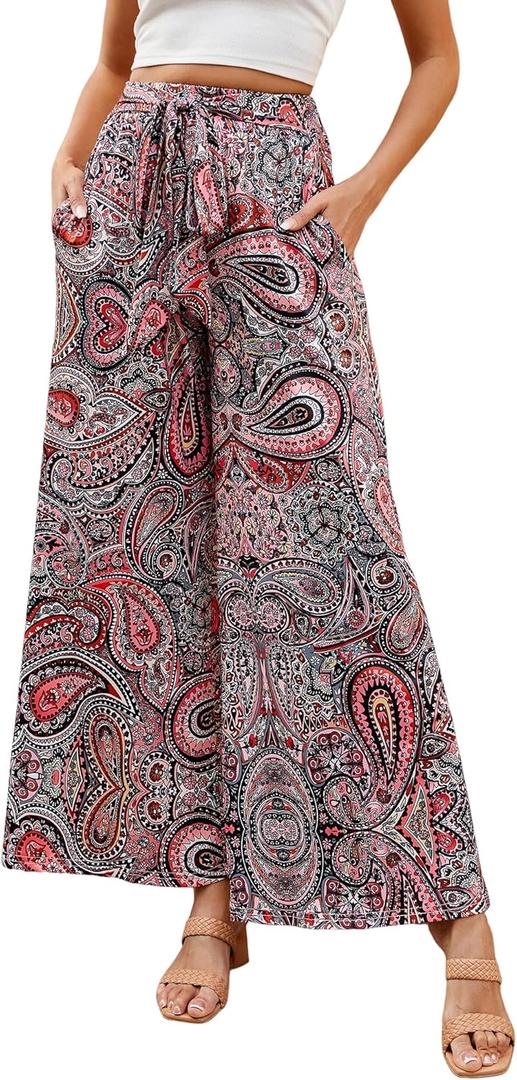 ZAFUL Women's Casual Wide Leg Elastic Waist Drawstring High Waisted Floral Print Palazzo Pant (M)