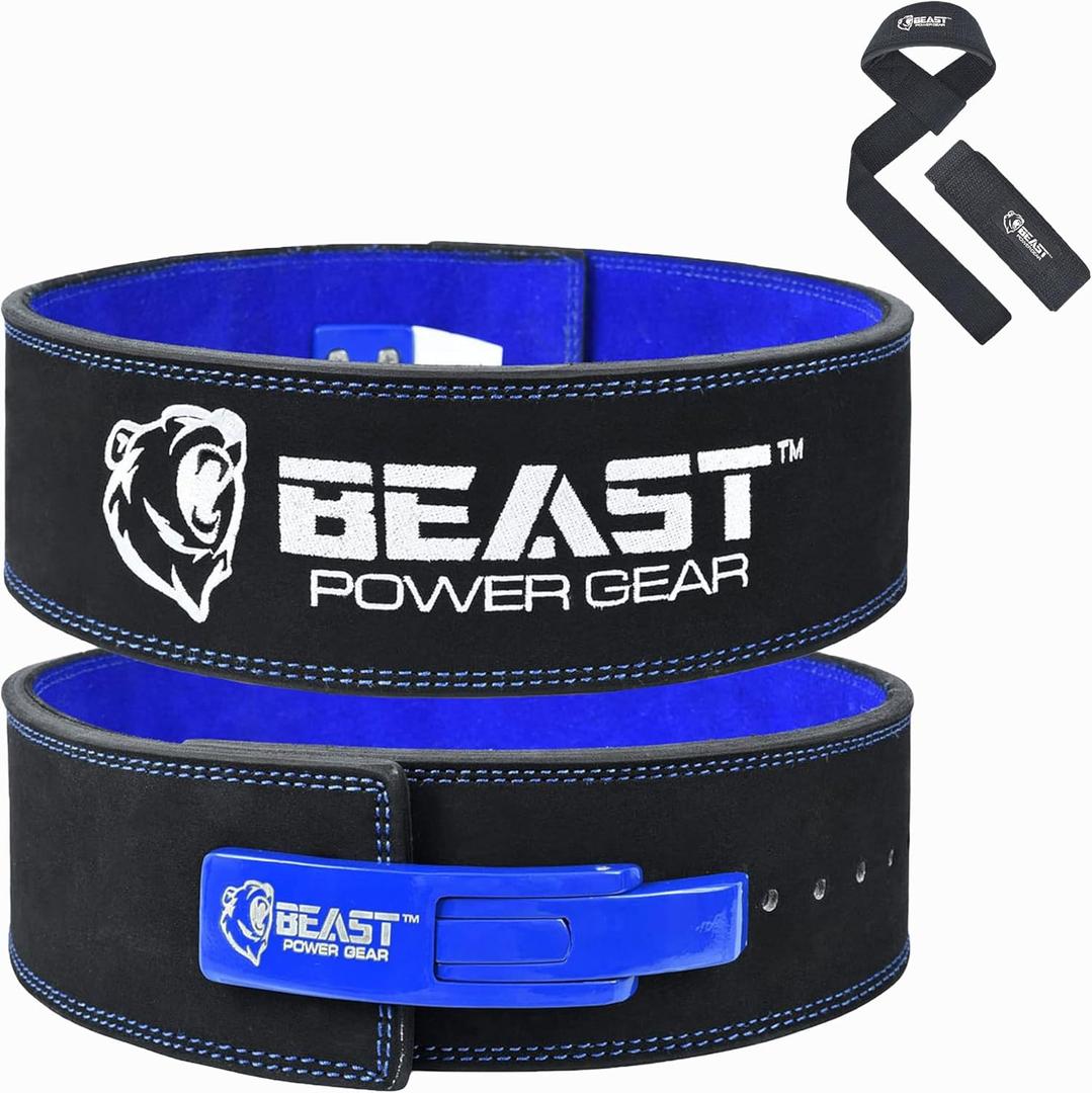 Beast Power Gear Weight Lifting Belt Lever Buckle 10MM 13MM Thick & 4 Inches Free Strap Weightlifting, Powerlifting, Deadlifts, Squats Men Women (Medium, Black/Blue)