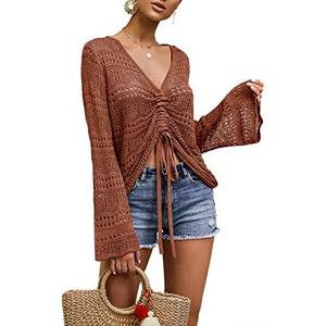Saodimallsu Womens Boho Off Shoulder Sheer Crop Tops Bell Sleeve Flowy Oversized Crochet Ruched Pullover Sweaters Brick Red Small