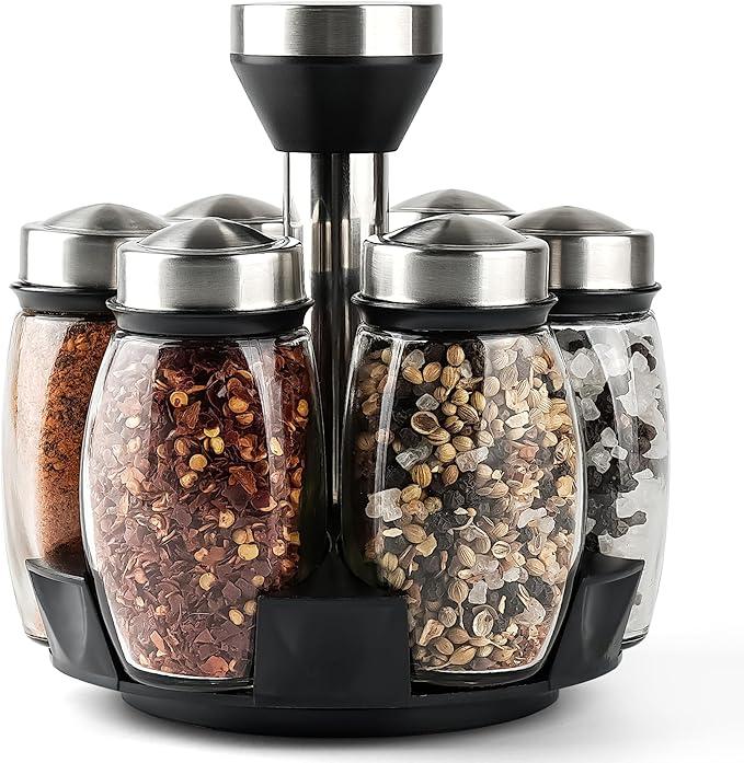 Mlici 6PC Spinning Glass Spice Jars  360° Rotating Spice Rack Organizer with Jars, Stainless Steel Revolving Seasoning Holder Jars for Countertop Cabinet Kitchen Spices Cruets
