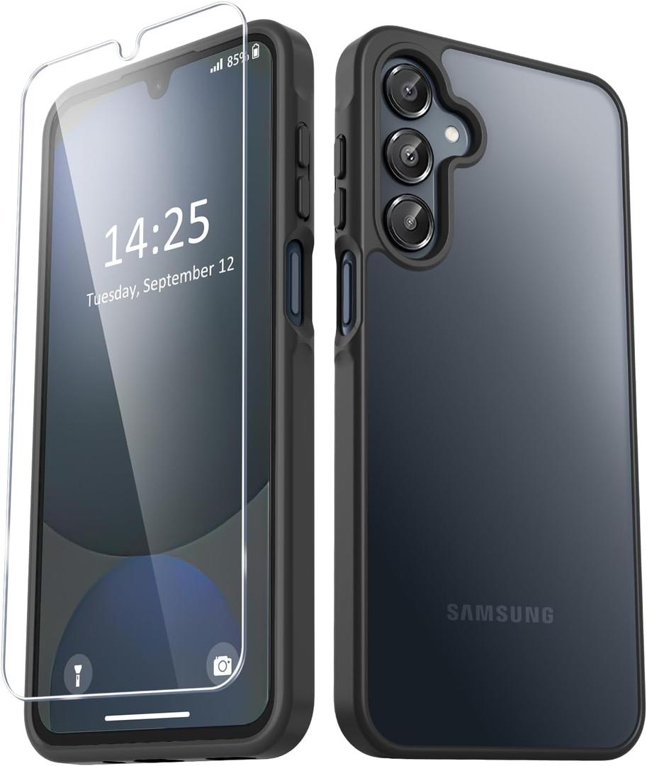 YENAPOON for Samsung Galaxy A16 5G Case, Matte Phone Case with 1 Screen Protector, Frosted Translucent Back, Slim Shockproof Protective Cover, Black