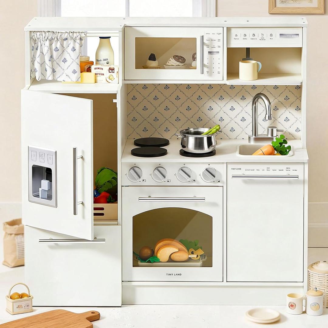 Tiny Land Play Kitchen for Kids, Upgraded Wooden Kitchen Toy with Complete Play Areas, Pretend Cooking Set with Sink, Stove, Microwave, Toy Coffee Station & Storage for Kids Ages 3+ (White)