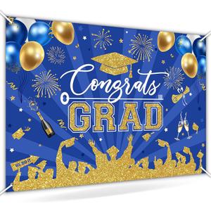 Avezano Blue and Gold Graduation Decoration 2025 Congrats Grad Backdrop for Class of 2025 Congratulate Graduation Party Decorations Banner Prom Photoshoot (Navy Blue, 7x5ft)