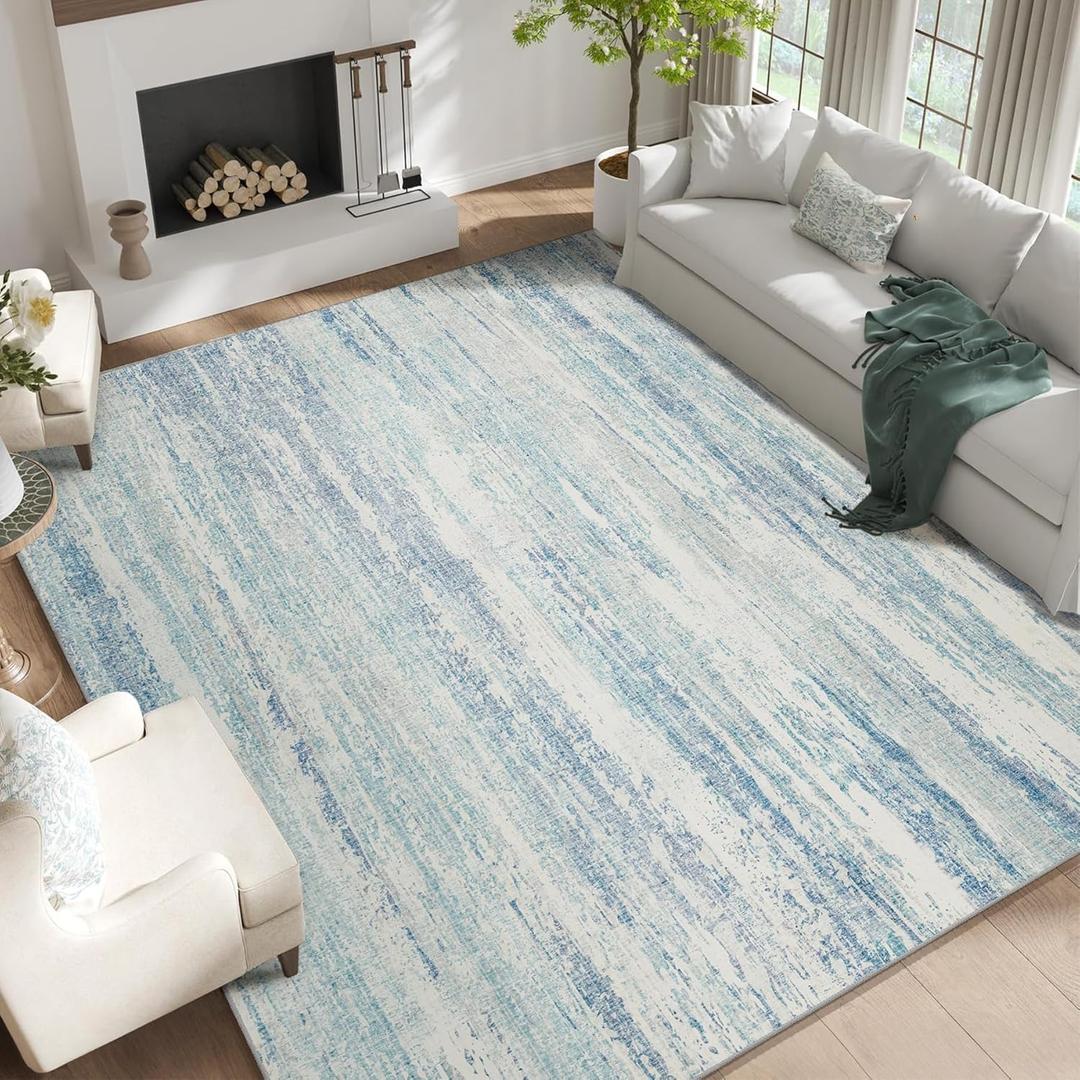 9x12 Area Rug,Washable Rugs for Living Room Bedroom Dining Room,Modern Abstract Large Non Slip Throw Carpet Indoor,Low Pile Accent Neutral Blue