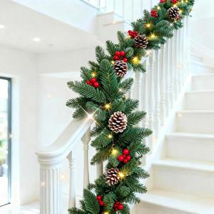 Pre-lit Christmas Garland, 9FT Lighted Christmas Garland Indoor with Red Berries & Pine Cone for Stairs Wall Door Outdoor Holiday Decor with Battery Operated Timer, Artificial Xmas Garland