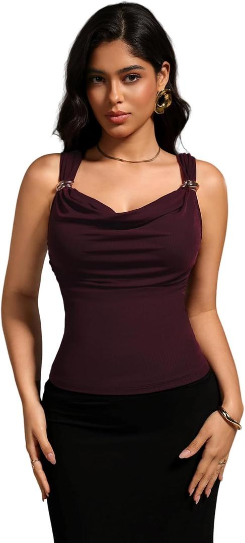 MakeMeChic Women's Casual Cowl Neck Tank Top Ruched Sleeveless with Metal Decor Mesh Top (L)